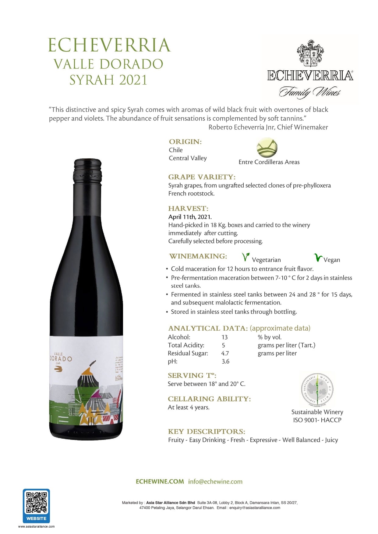 Echeverria Valle Dorado Syrah (2022) 750ml