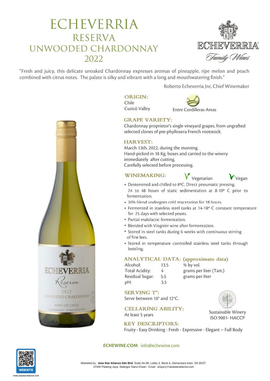 Echeverria Unwooded Chardonnay Reserva (2022) 750ml